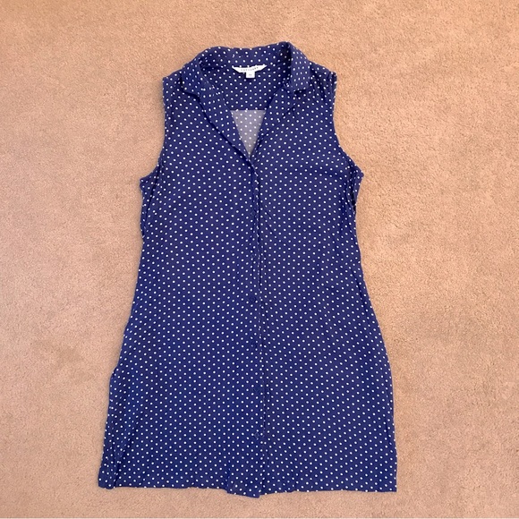 Popsugar Blue Sleeveless Tunic Button Down Top White Polka Dot Womens Medium - Picture 1 of 8